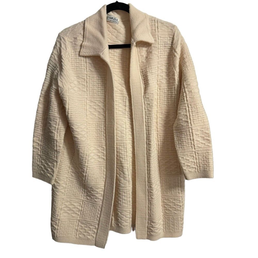 Vintage Cuddle‎ Knit Long  Cardigan Sweater Large  Ivory Basket, Weave Design.